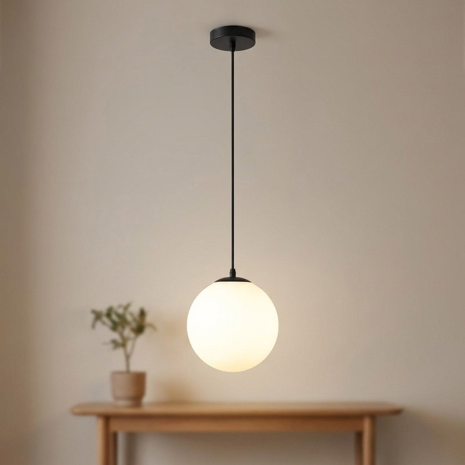 Suspension globe en verre opale à finition noire allumée