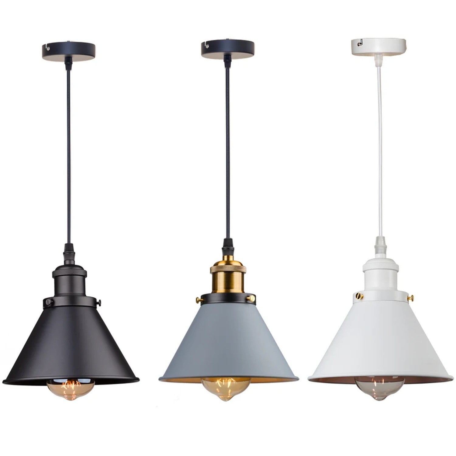 Suspension abat-jour conique métal en coloris noir, gris et blanc comparaison
