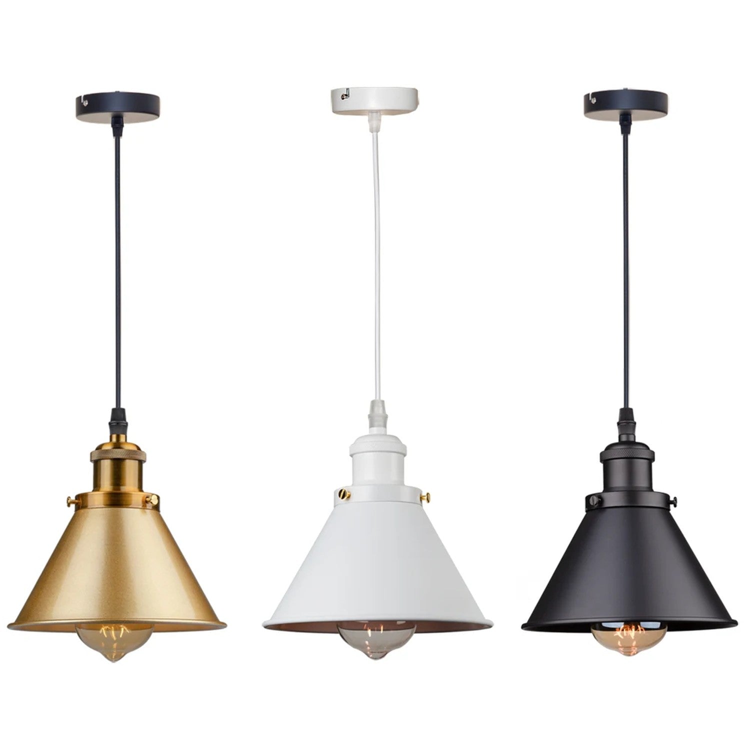 Suspension abat-jour conique métal disponible en coloris doré, blanc et noir