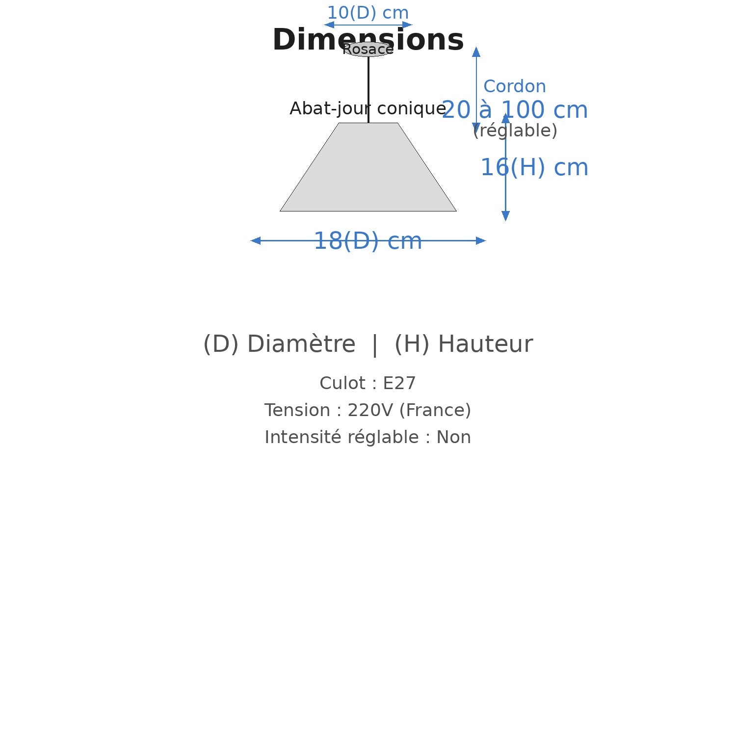 Dimensions suspension industrielle: abat-jour 18(D) × 16(H) cm, cordon 20 à 100 cm réglable, rosace 10(D) cm