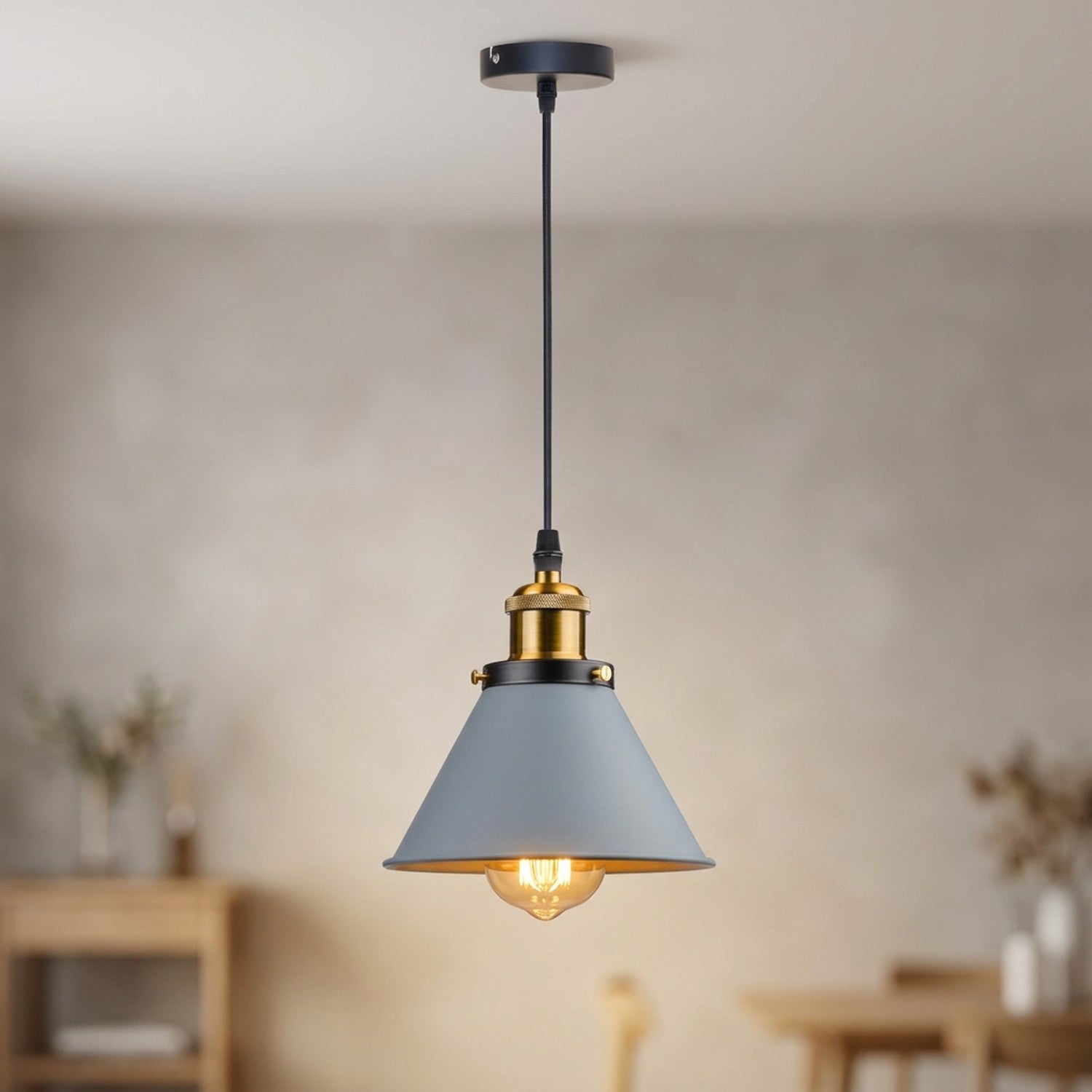 Suspension industrielle vintage abat-jour conique métal gris
