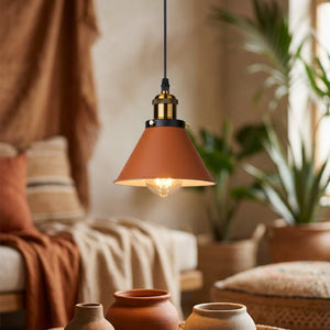 Suspension industrielle vintage abat-jour conique métal terracotta
