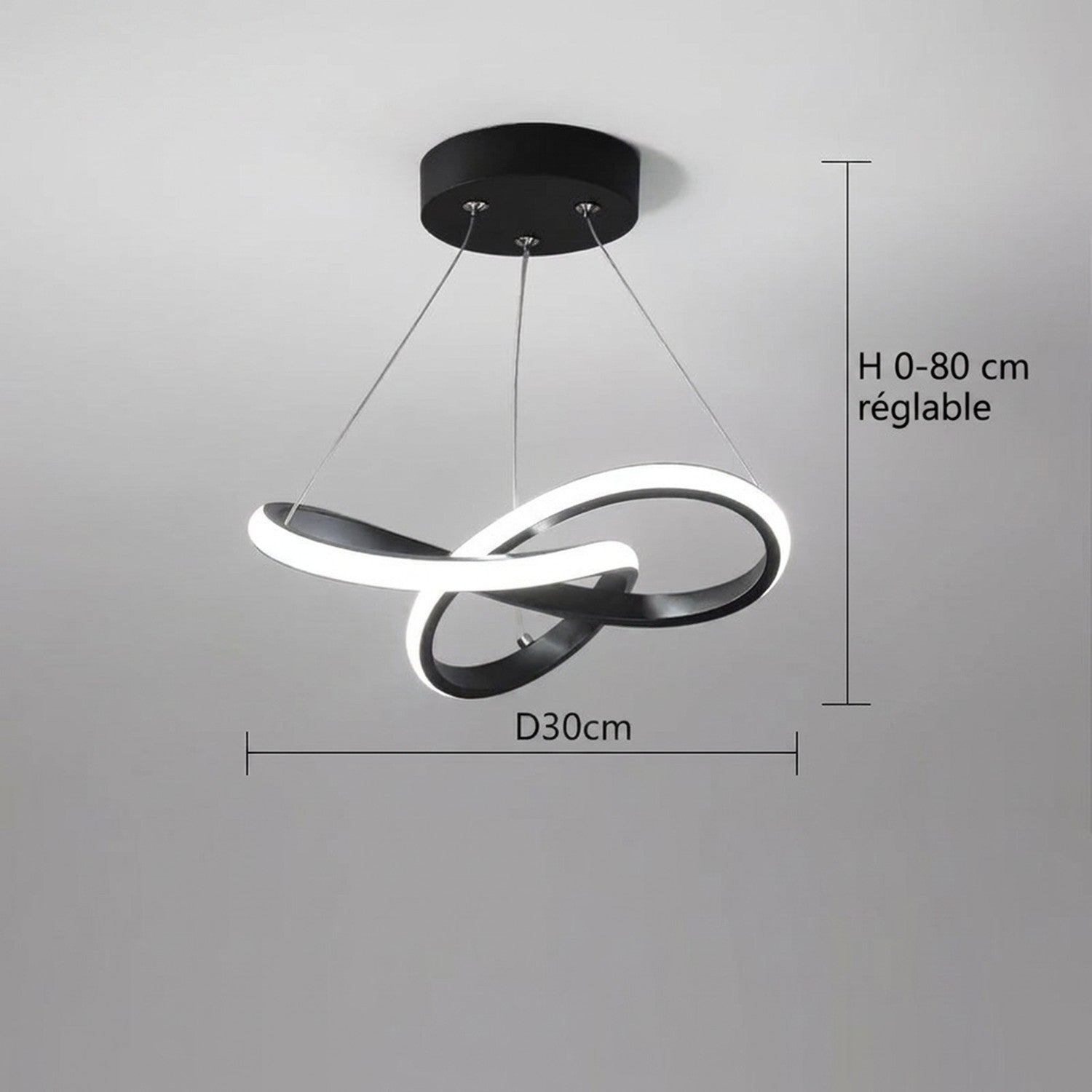 Dimensions de la suspension LED nordique 30cm D 30cm H 0-80cm réglable