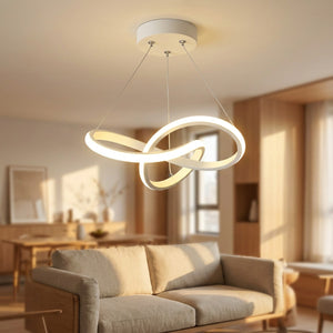 Suspension LED nordique 30cm allumée dans un salon scandinave avec lumière ambiante chaleureuse