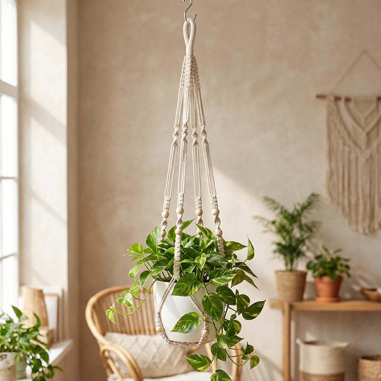 Suspension macramé blanche avec perles bois dans un intérieur bohème