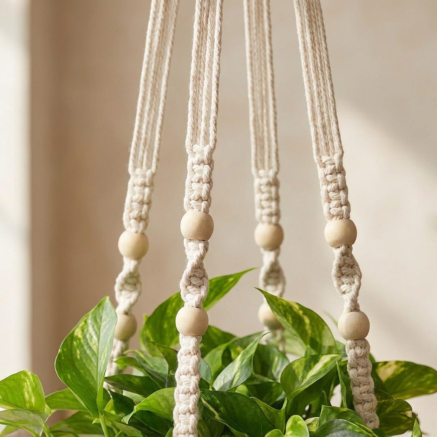 Détail des nœuds et perles bois d'une suspension macramé coton naturel