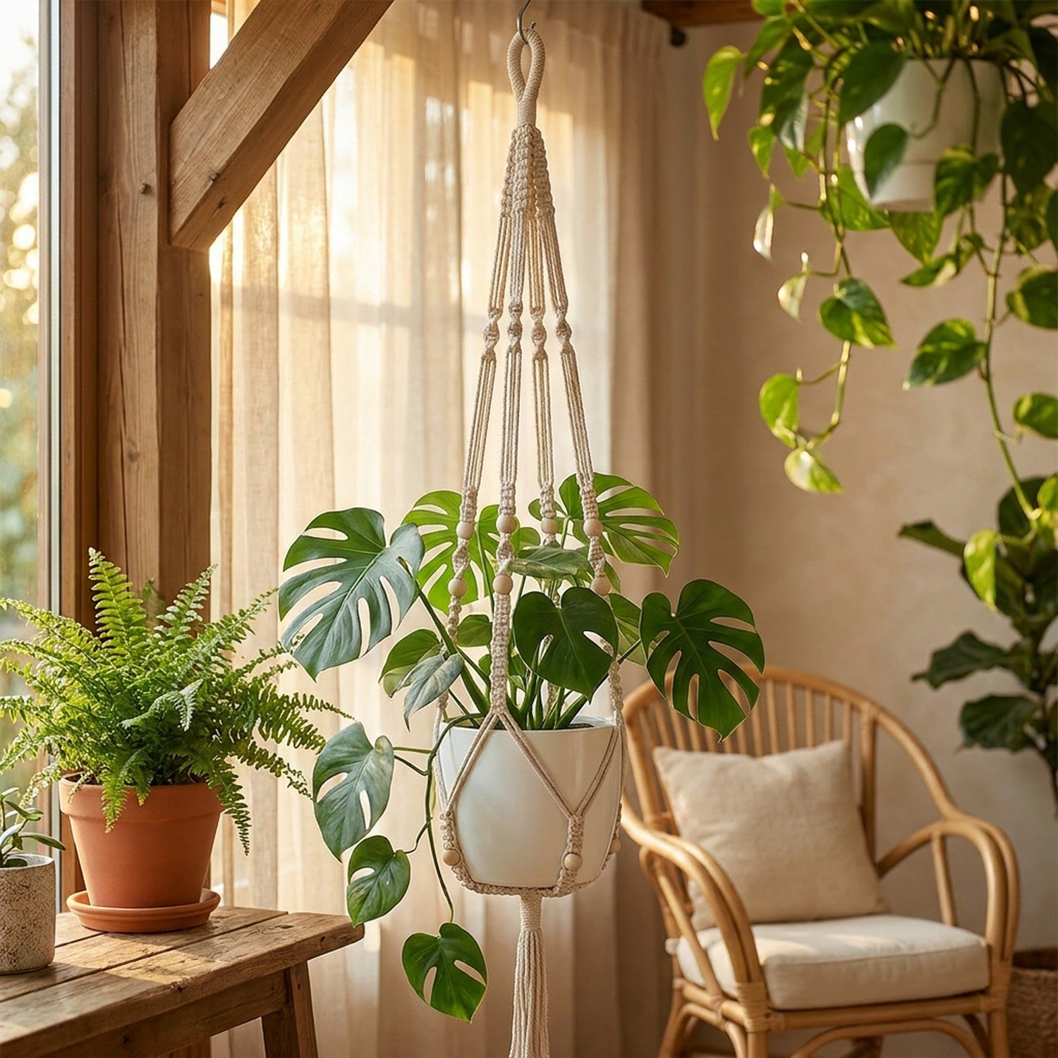 Suspension macramé en coton naturel avec monstera dans un salon bohème lumineux