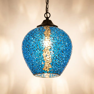 Suspension marocaine en mosaïque de verre couleur Bleu allumée