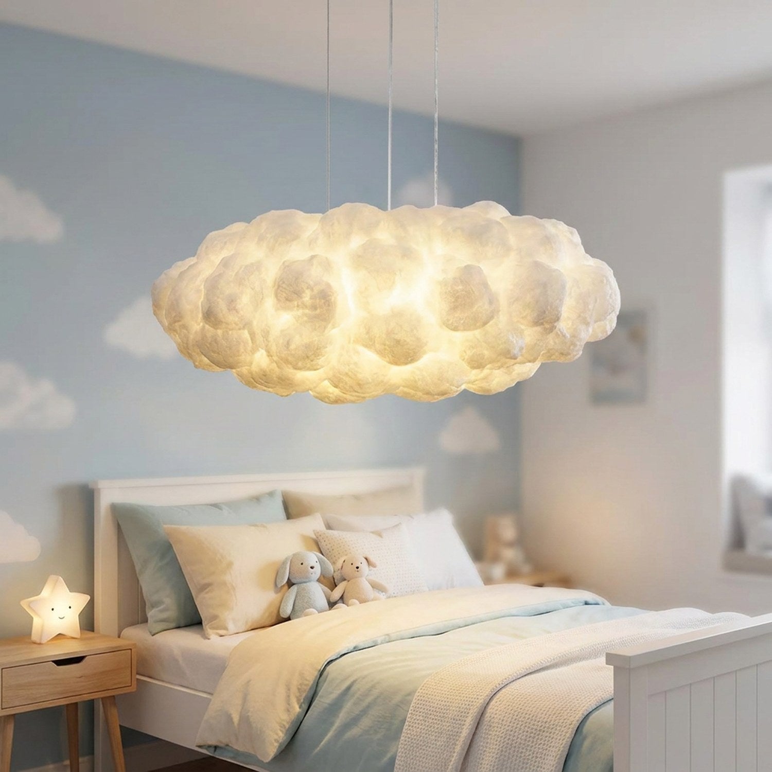 Suspension nuage en coton dans une chambre enfant aux teintes bleues et blanches