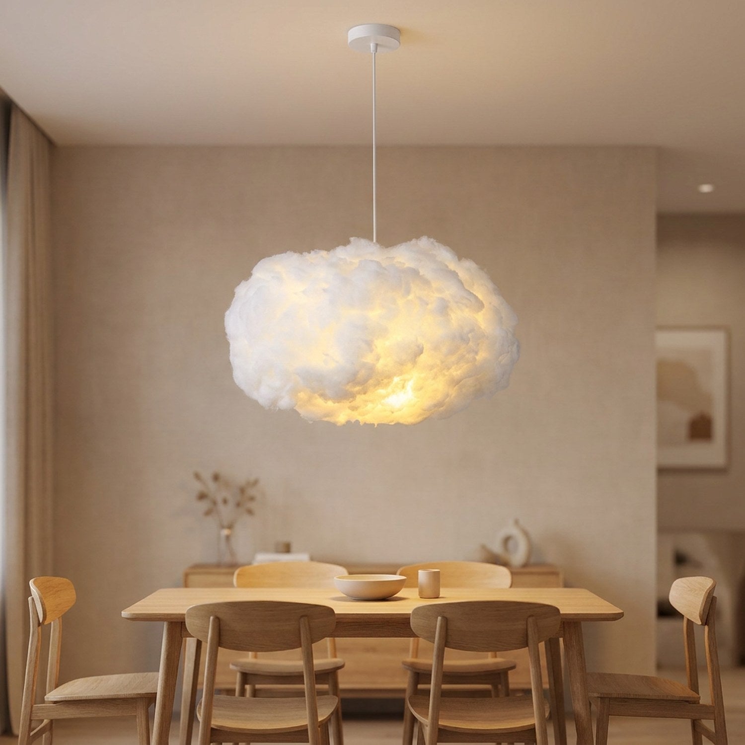 Suspension nuage LED au-dessus d'une table à manger en bois dans un salon scandinave