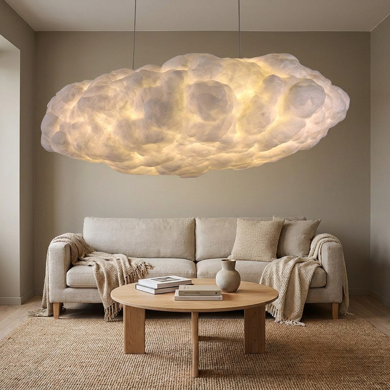 Suspension nuage en coton blanc dans un salon minimaliste moderne