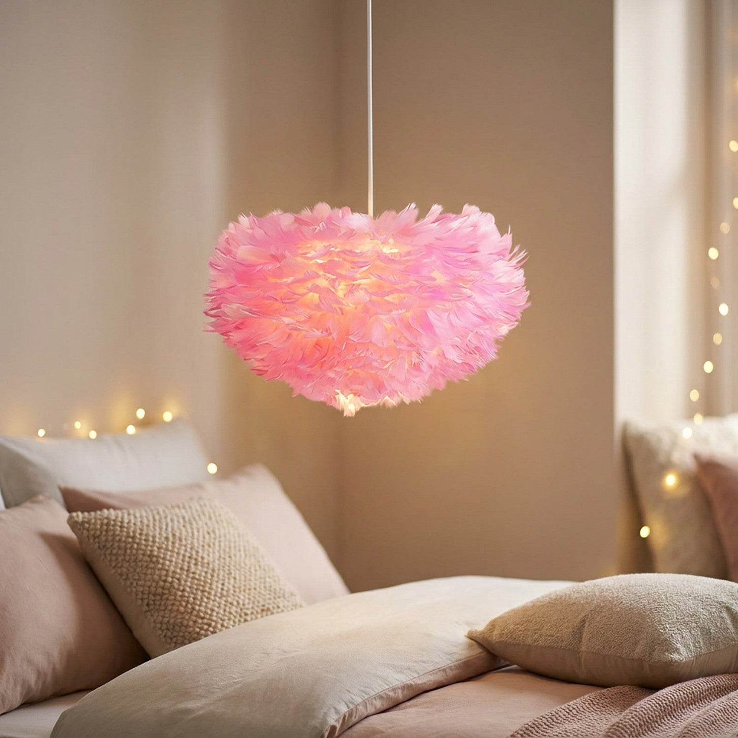 Suspension en plumes roses allumée dans une chambre romantique avec guirlande lumineuse