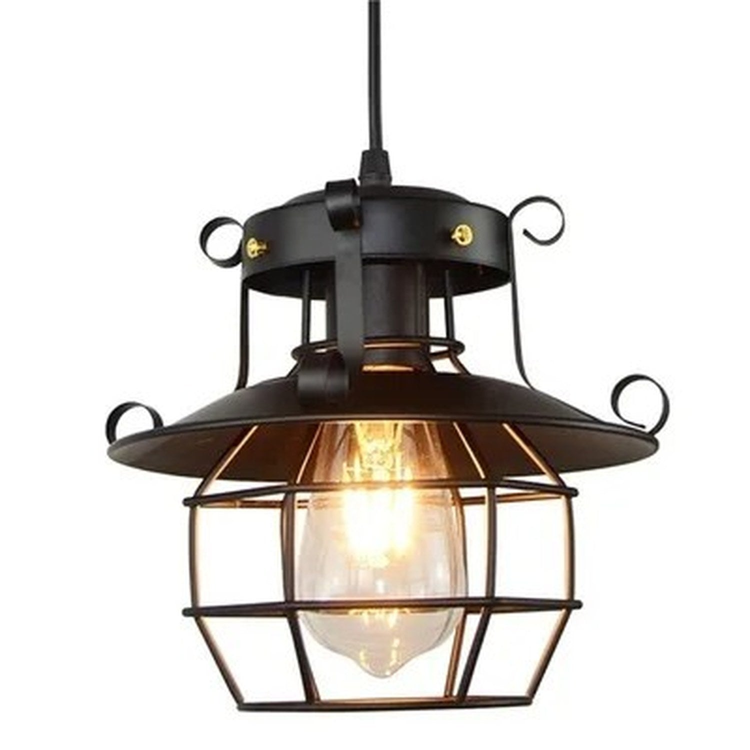 Suspension cage metal noir ampoule Edison lumiere chaude