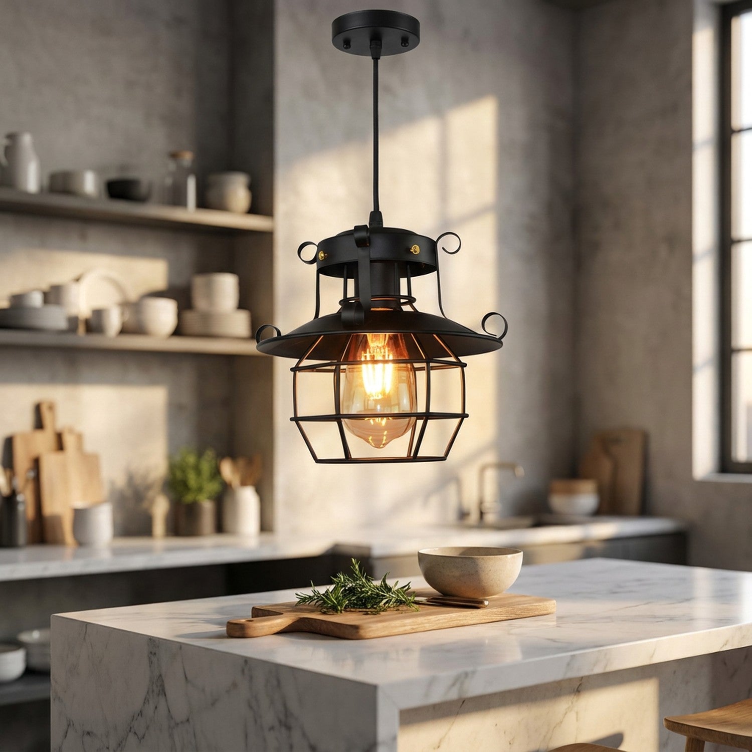 Suspension retro industrielle noire dans cuisine moderne plan de travail marbre