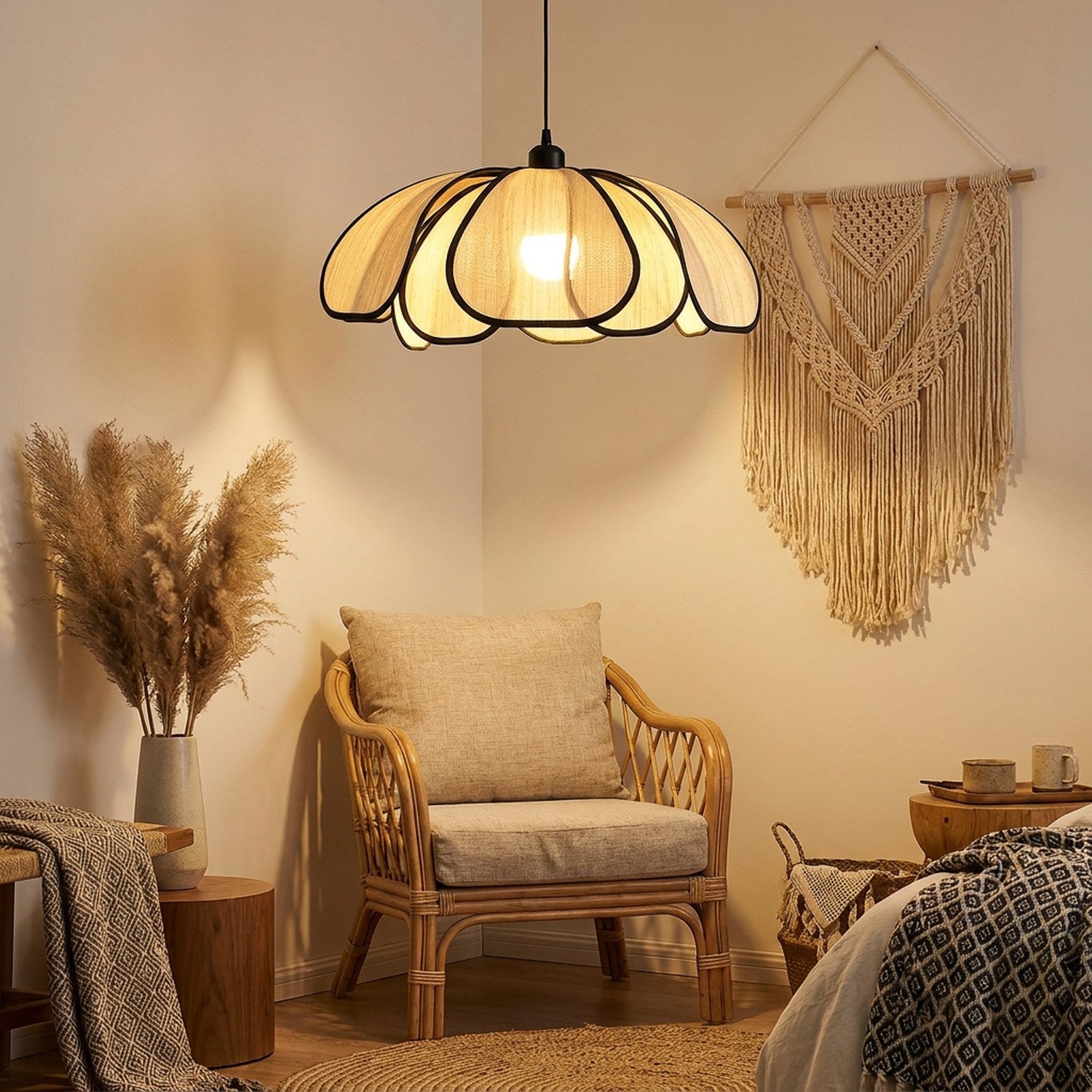 Suspension rotin coin bohème avec macramé et herbes de la pampa