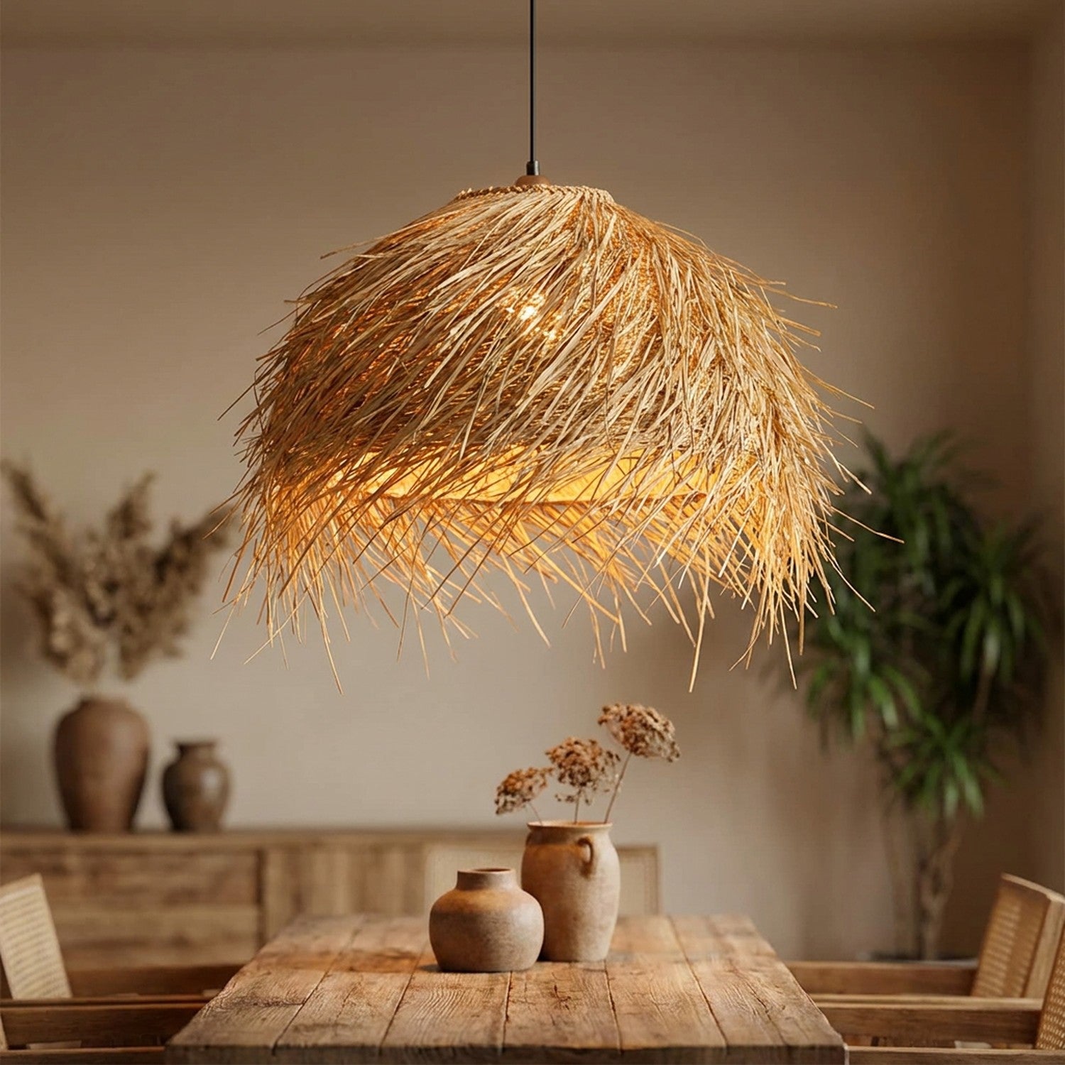 Suspension en rotin tissé à la main allumée d'une lumière chaude au dessus d'une table en bois