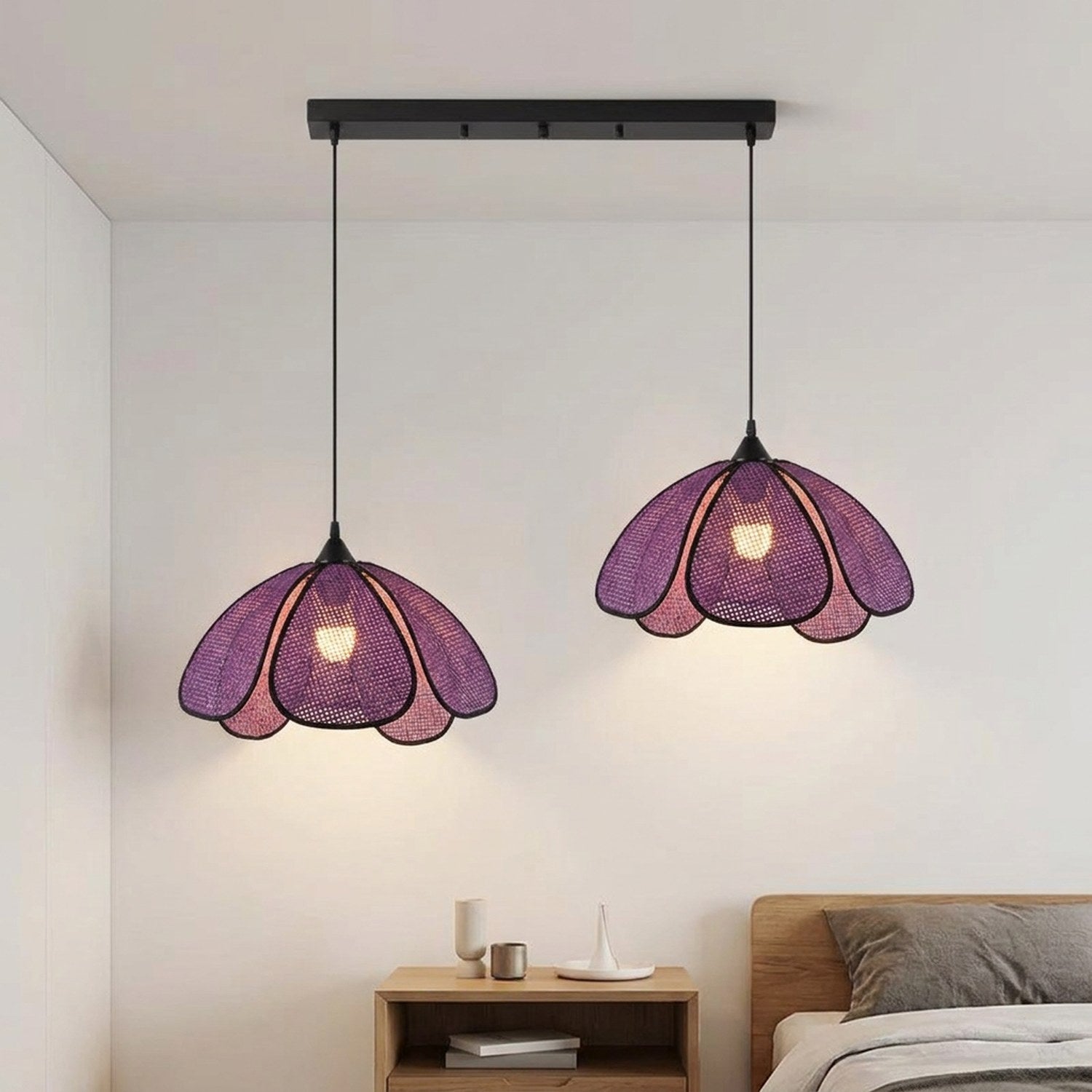 Suspension 2 têtes rotin violet, chambre bohème