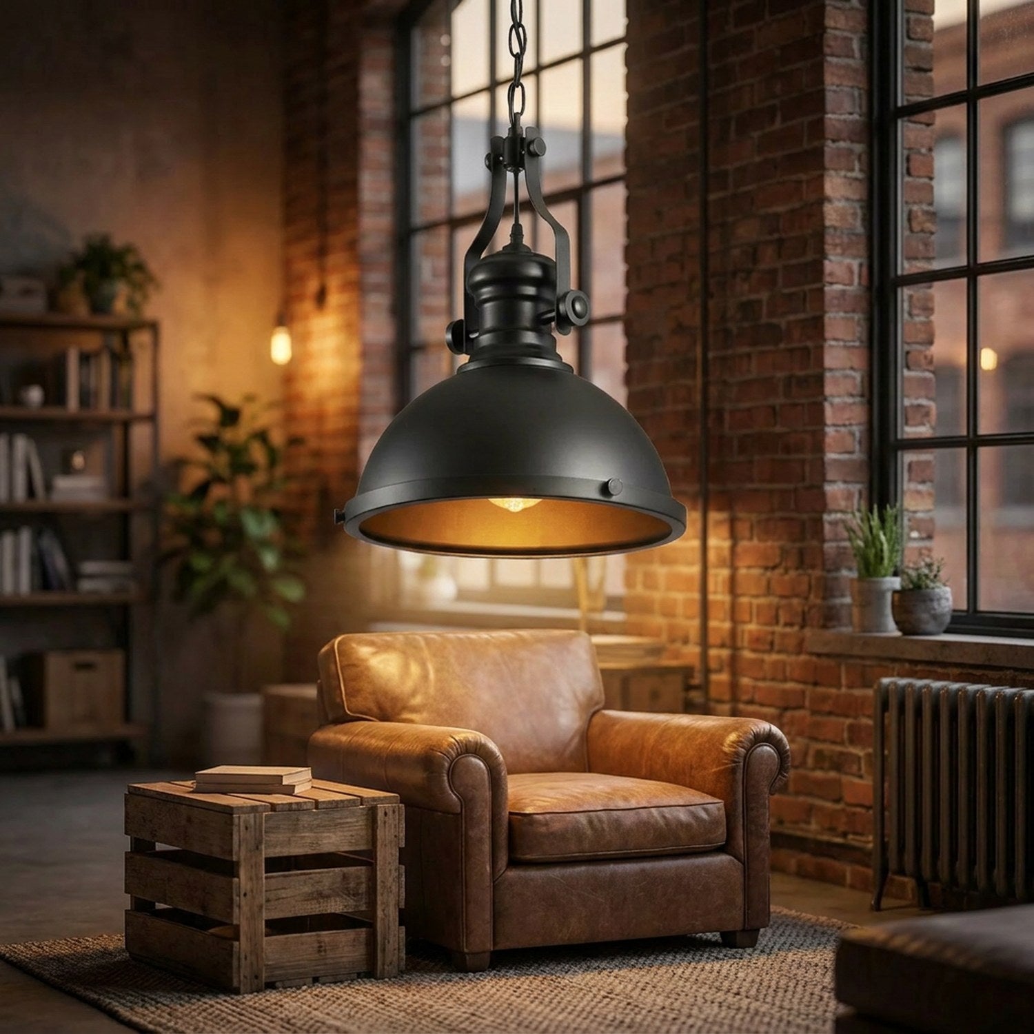 Suspension industrielle noire dans un salon loft avec mur en briques