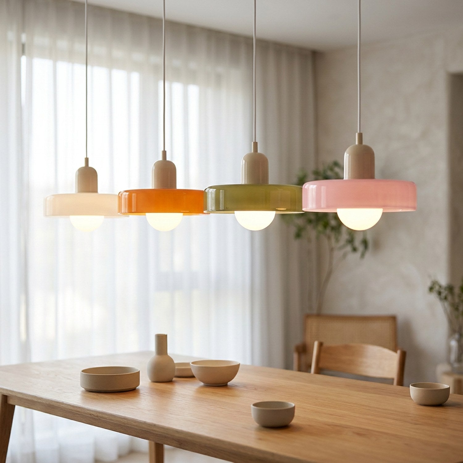 Quatre suspensions en verre blanc orange vert olive et rose alignées au-dessus d'une grande table