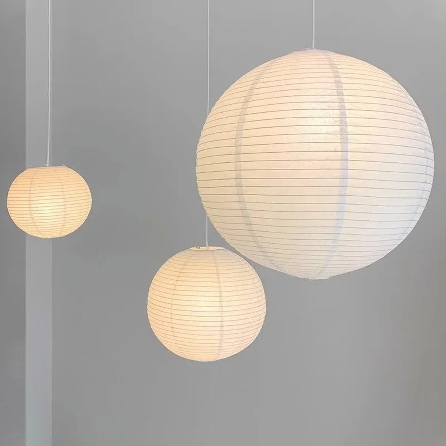 Suspension boule papier de riz sur fond gris, 3 diamètres