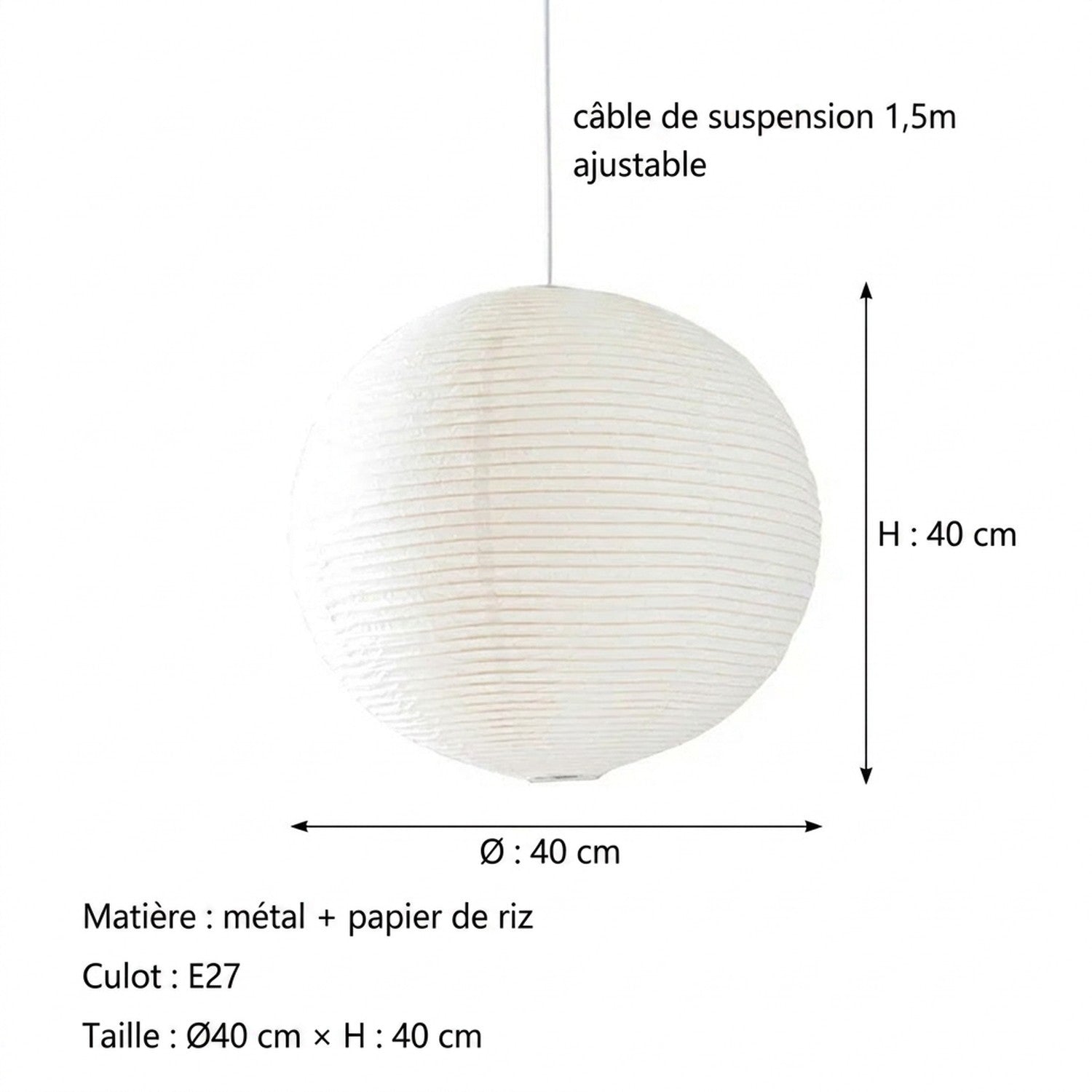 Suspension wabi-sabi Ø40cm, schéma de dimensions : H:40cm, câble 1,5m ajustable, culot E27