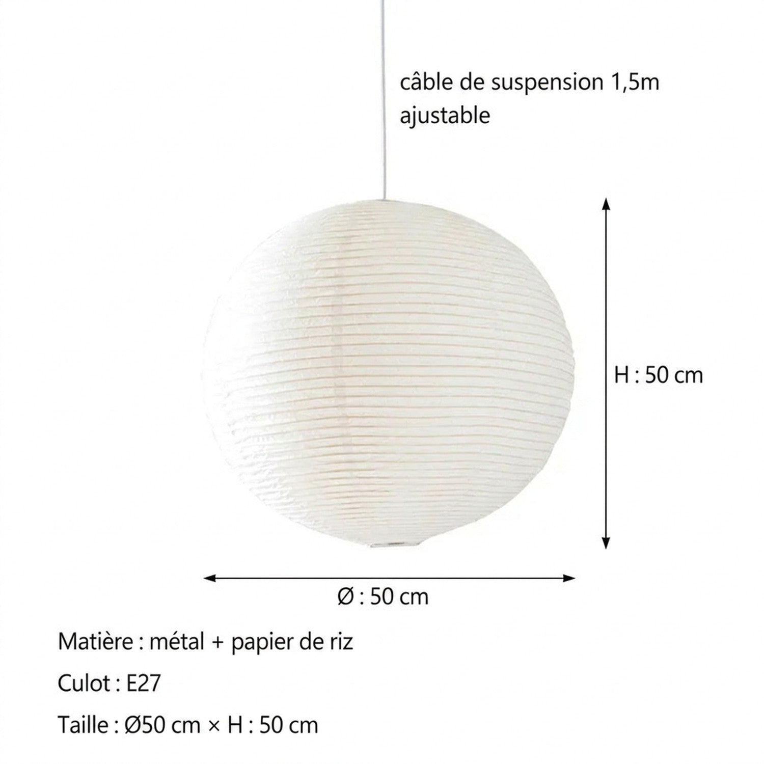 Suspension wabi-sabi Ø50cm, schéma de dimensions : H:50cm, câble 1,5m ajustable, culot E27