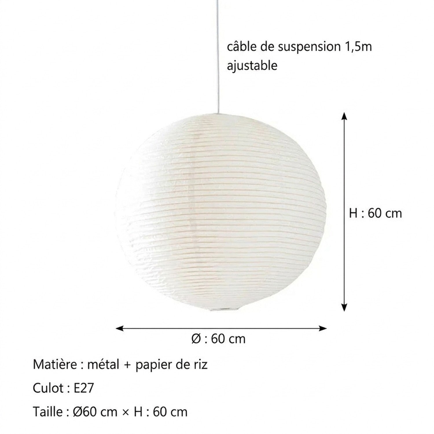Suspension wabi-sabi Ø60cm, schéma de dimensions : H:60cm, câble 1,5m ajustable, culot E27