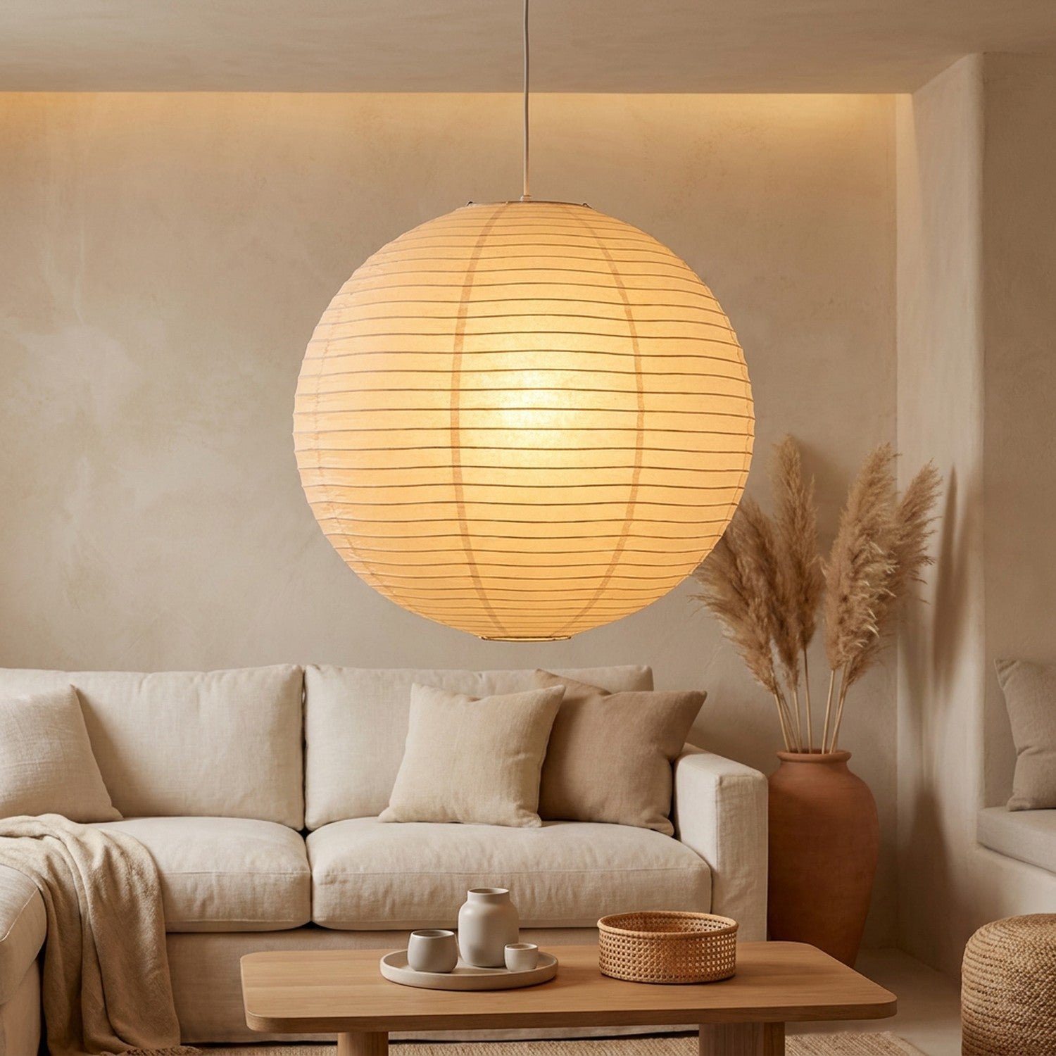 Suspension boule wabi-sabi papier de riz dans un intérieur moderne, vue 1