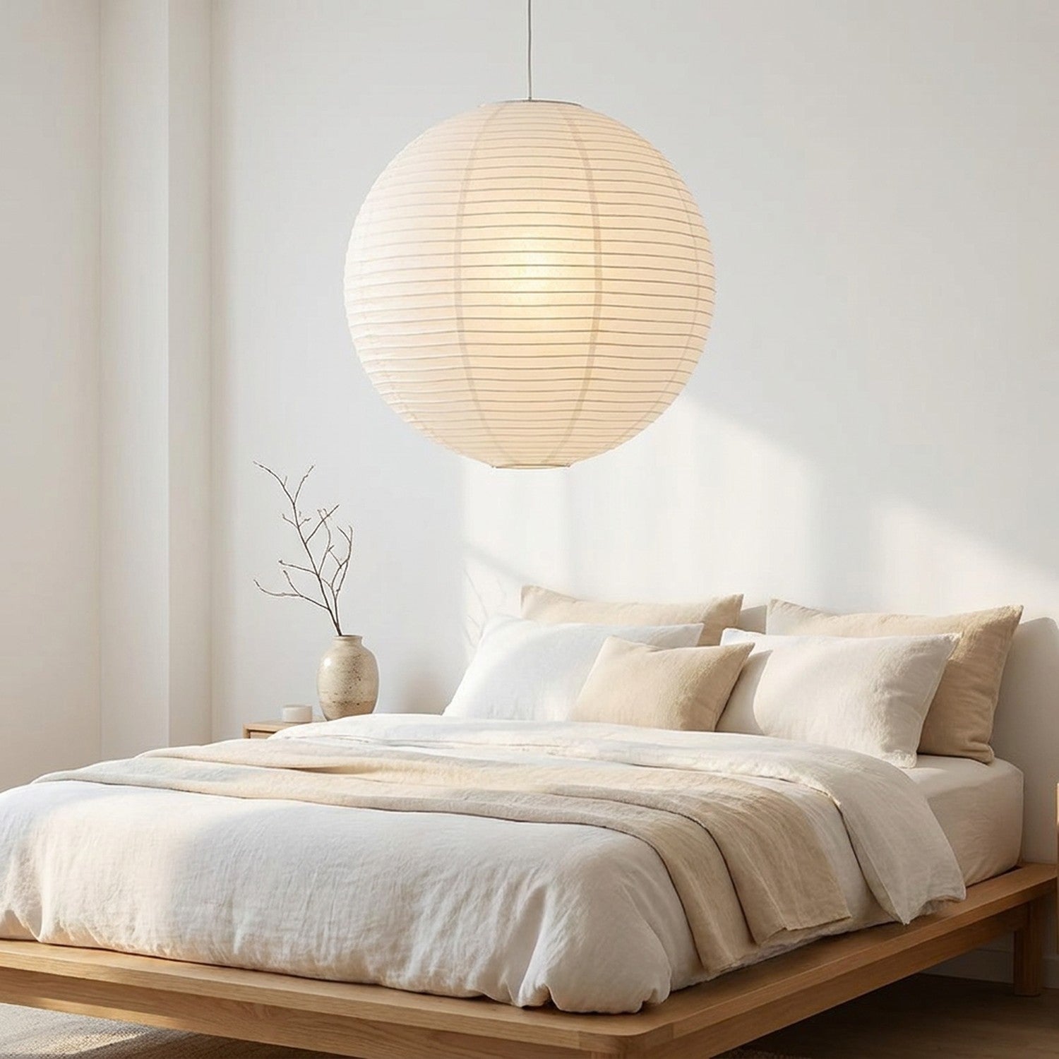 Suspension boule wabi-sabi papier de riz dans un intérieur moderne, vue 2