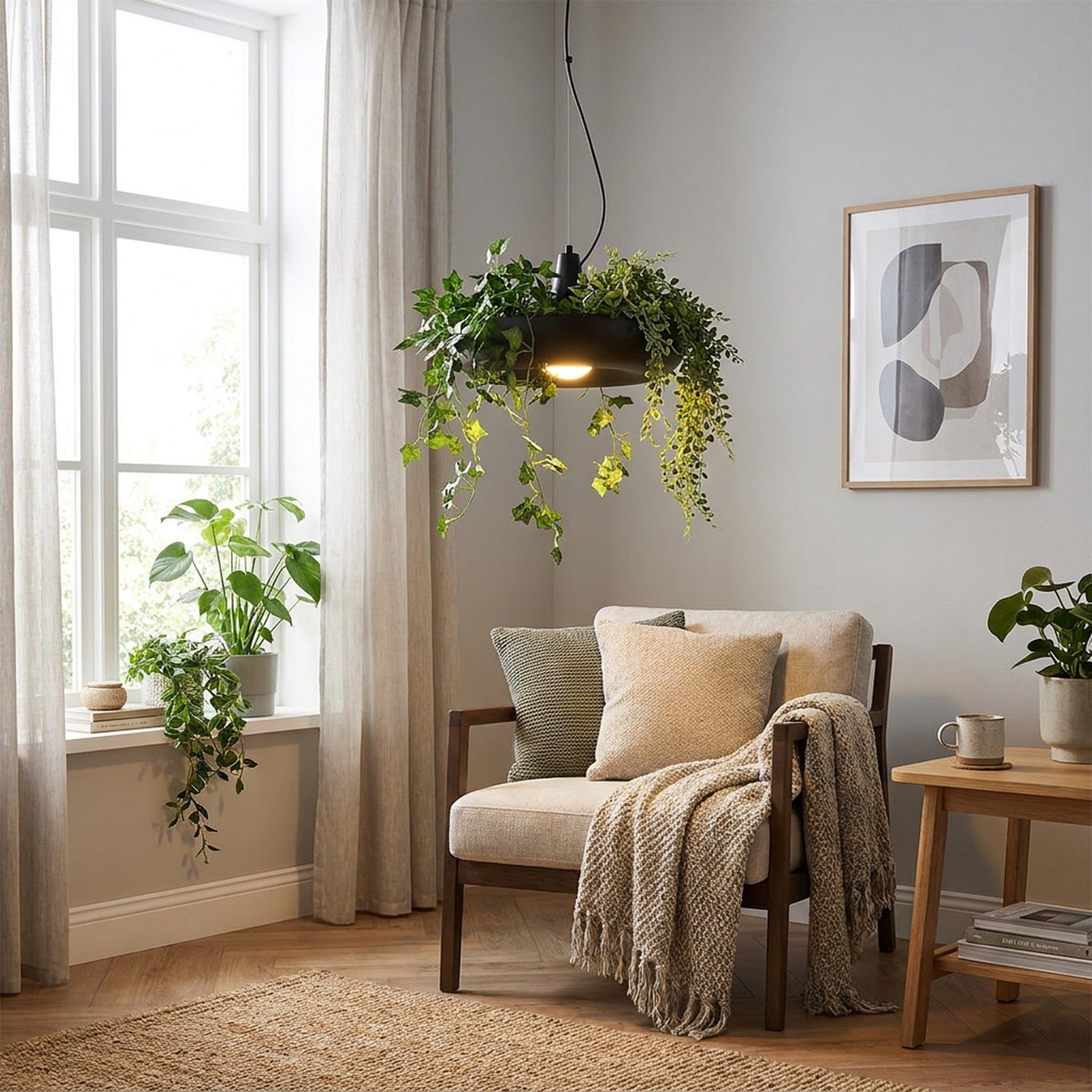 Suspension pot de fleurs LED noire dans un coin salon avec plantes retombantes