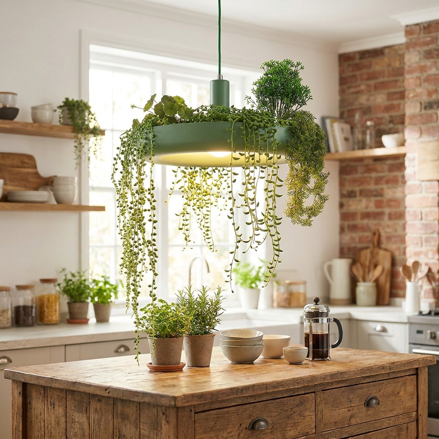 Suspension pot de fleurs LED verte dans une cuisine lumineuse