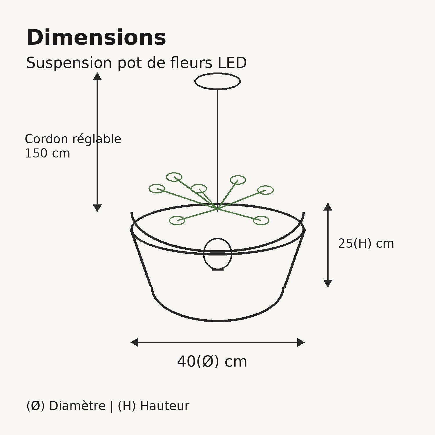 Dimensions de la suspension pot de fleurs LED 40(Ø) × 25(H) cm cordon 150 cm