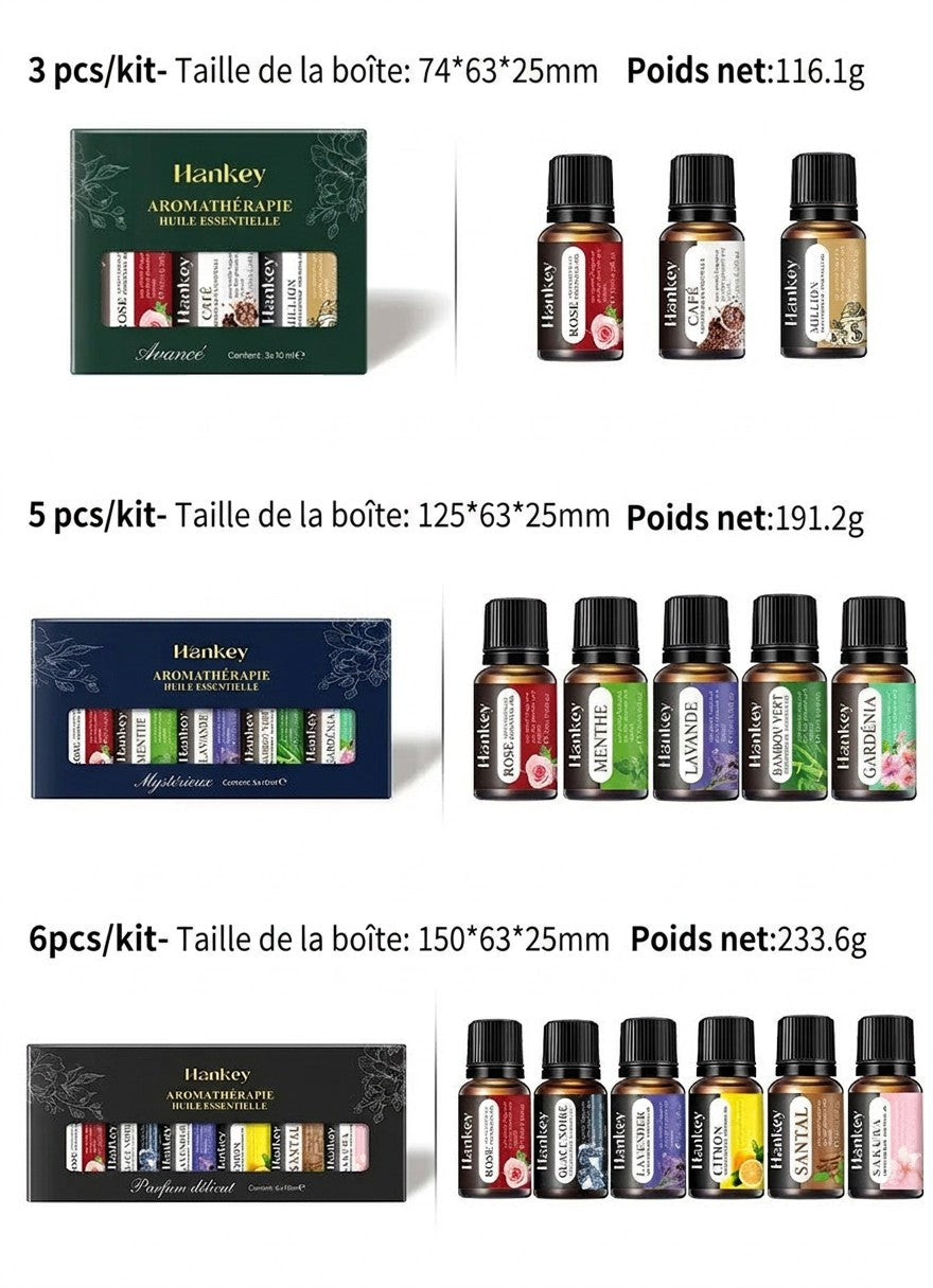 Tableau comparatif dimensions et poids coffrets huiles essentielles 3 5 et 6 pcs