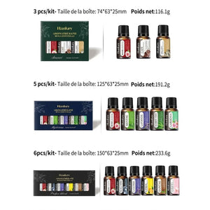 Tableau comparatif dimensions et poids coffrets huiles essentielles 3 5 et 6 pcs