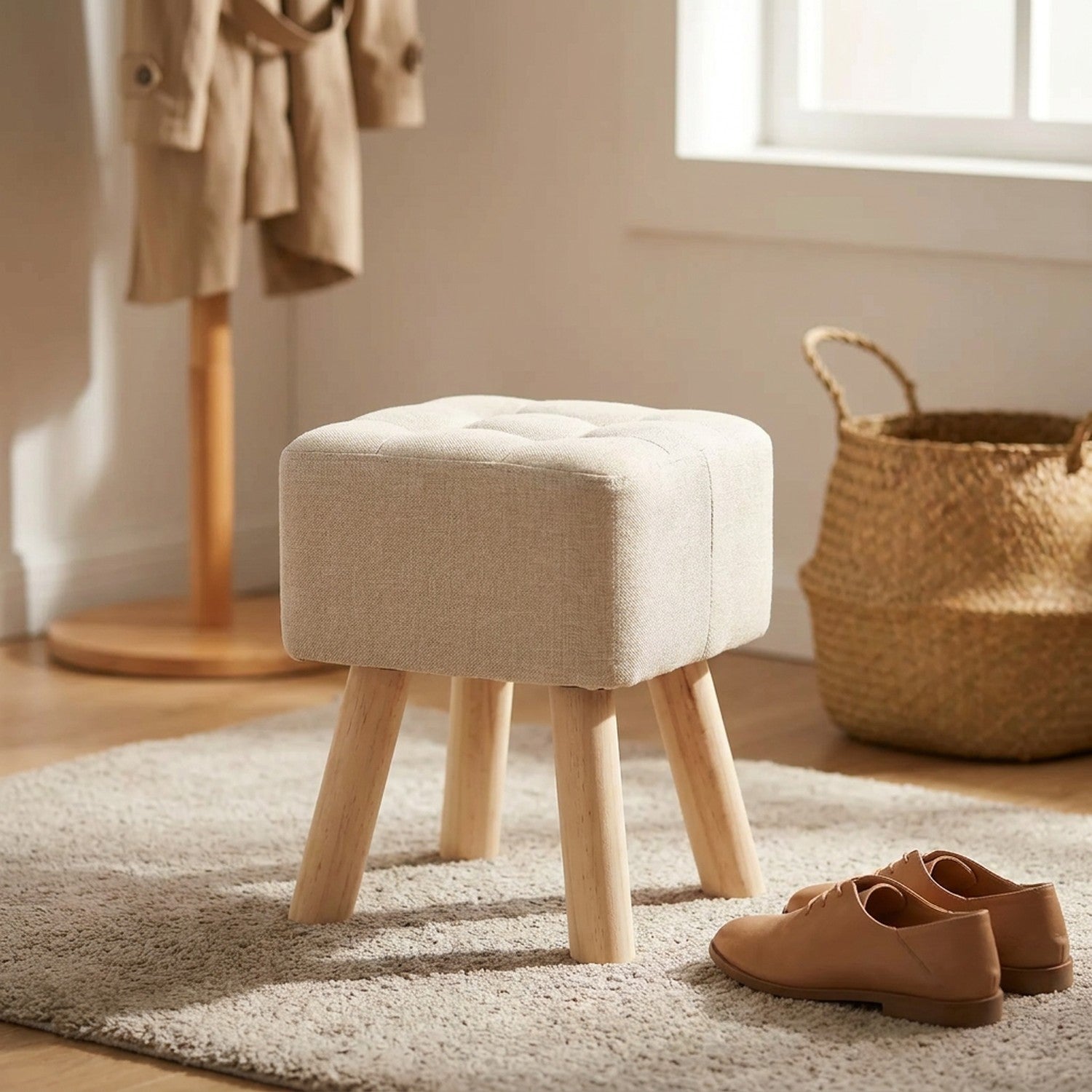 Tabouret en lin écru près de la porte d'entrée pour enfiler ses chaussures