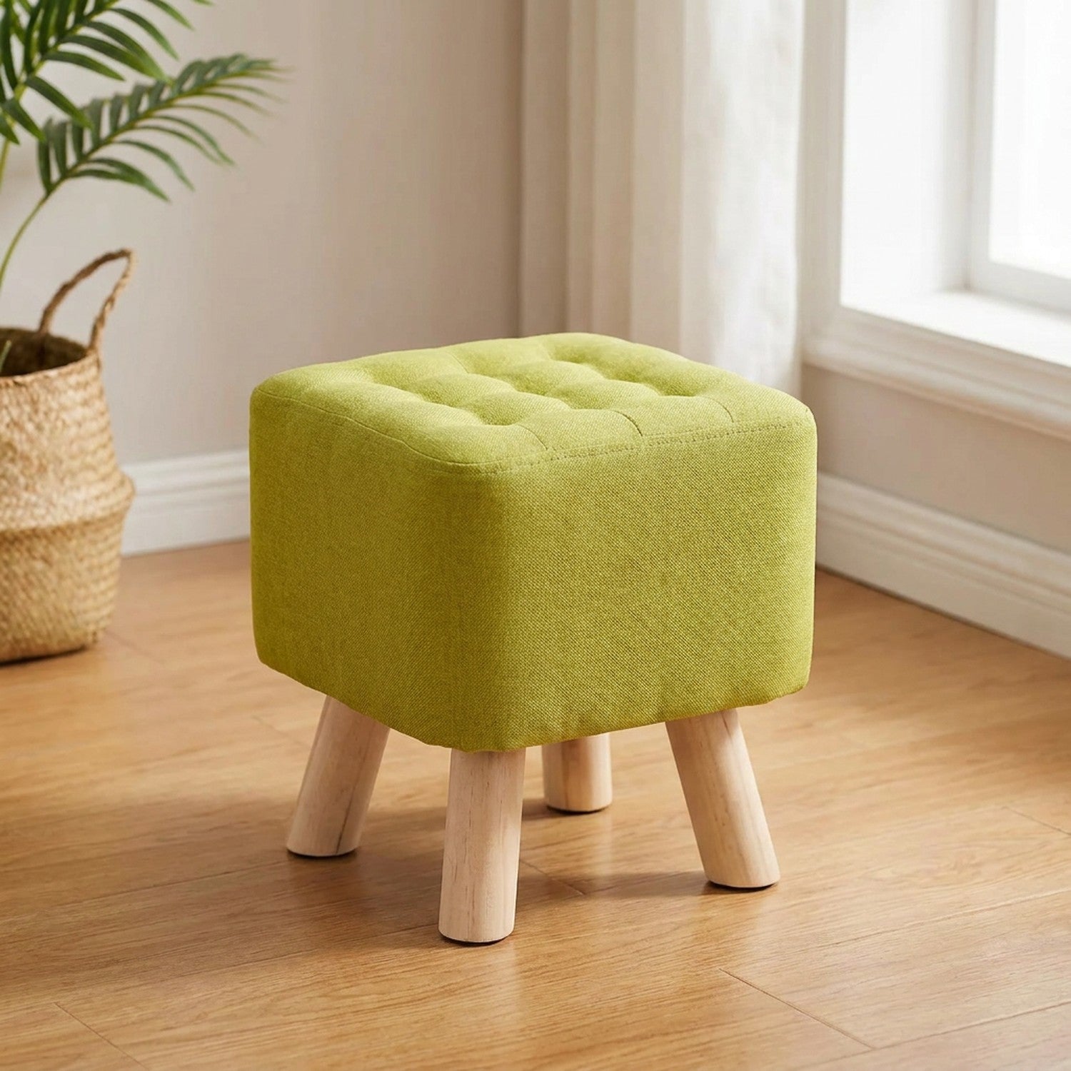Tabouret pouf carré en lin vert anis et pieds en bois massif