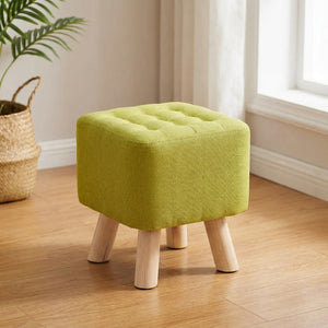 Tabouret pouf carré en lin vert anis et pieds en bois massif