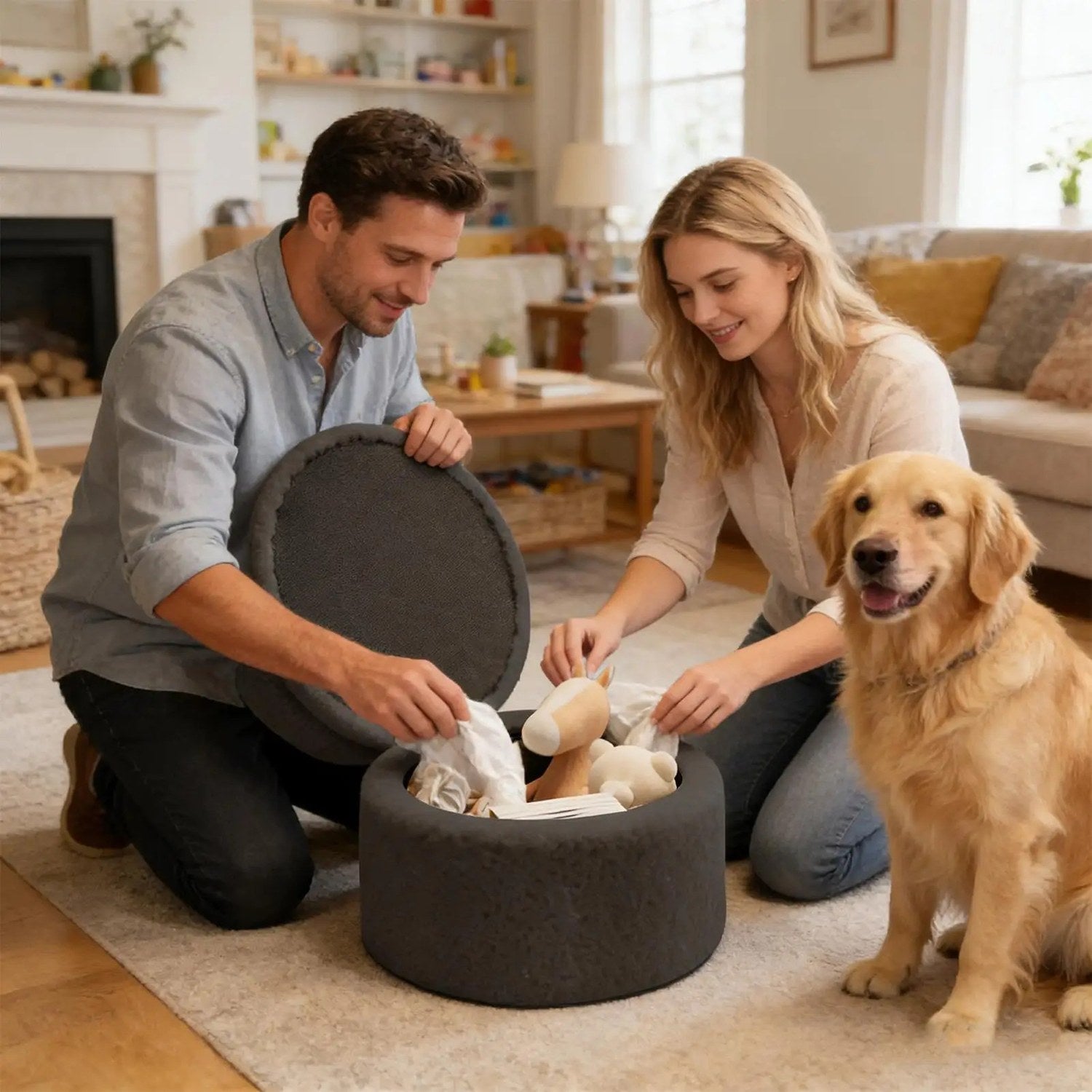 Rangement caché sous l'assise d'un tabouret pouf ouvert avec des jouets à l'intérieur