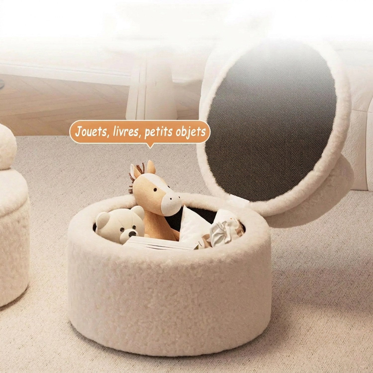 Tabouret pouf de rangement avec jouets livres et petits objets à l'intérieur