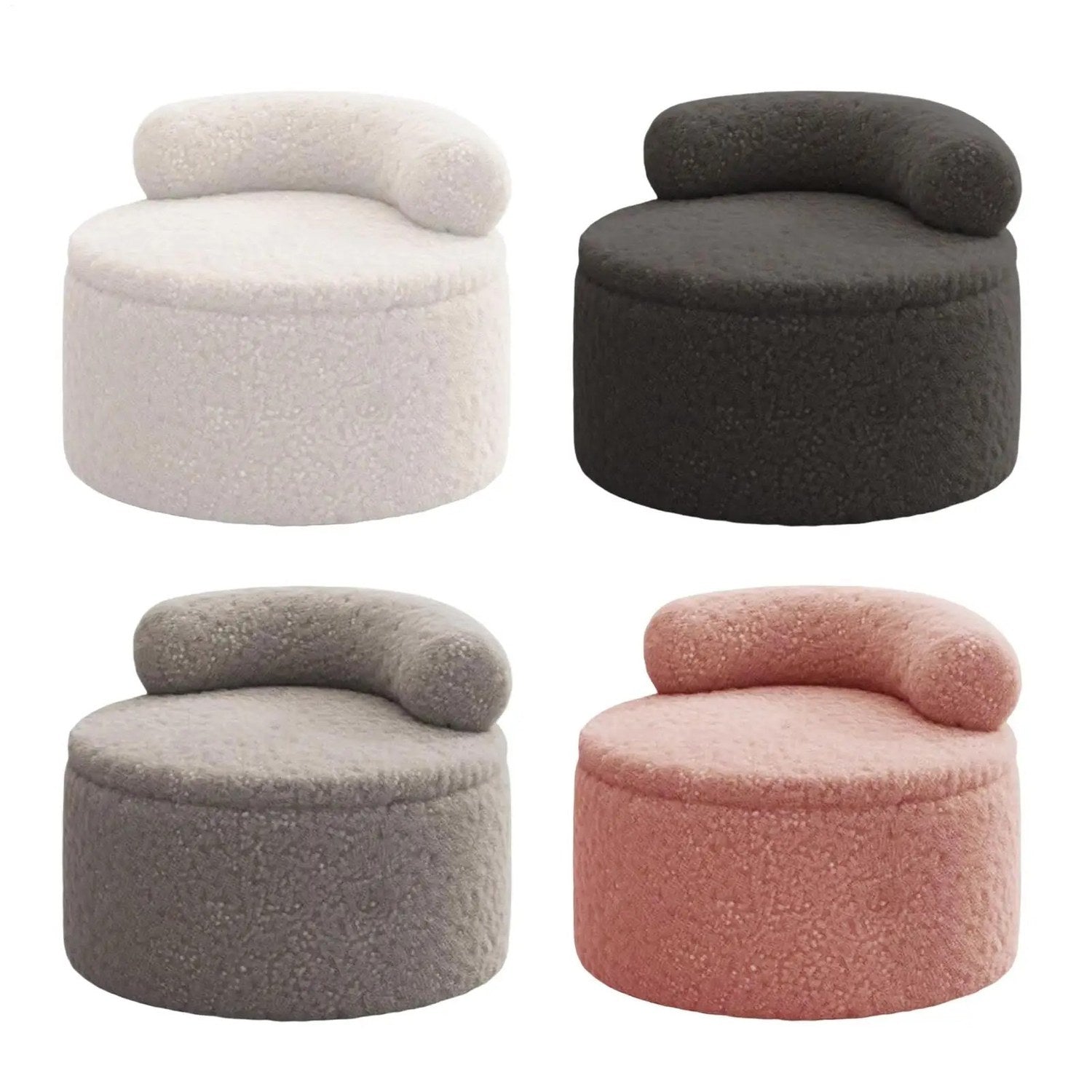 Tabouret pouf rond en bouclette disponible en blanc gris rose et noir