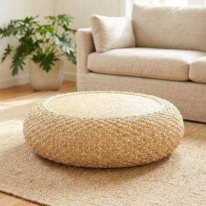 Tabouret pouf rond en jacinthe d'eau coloris beige naturel