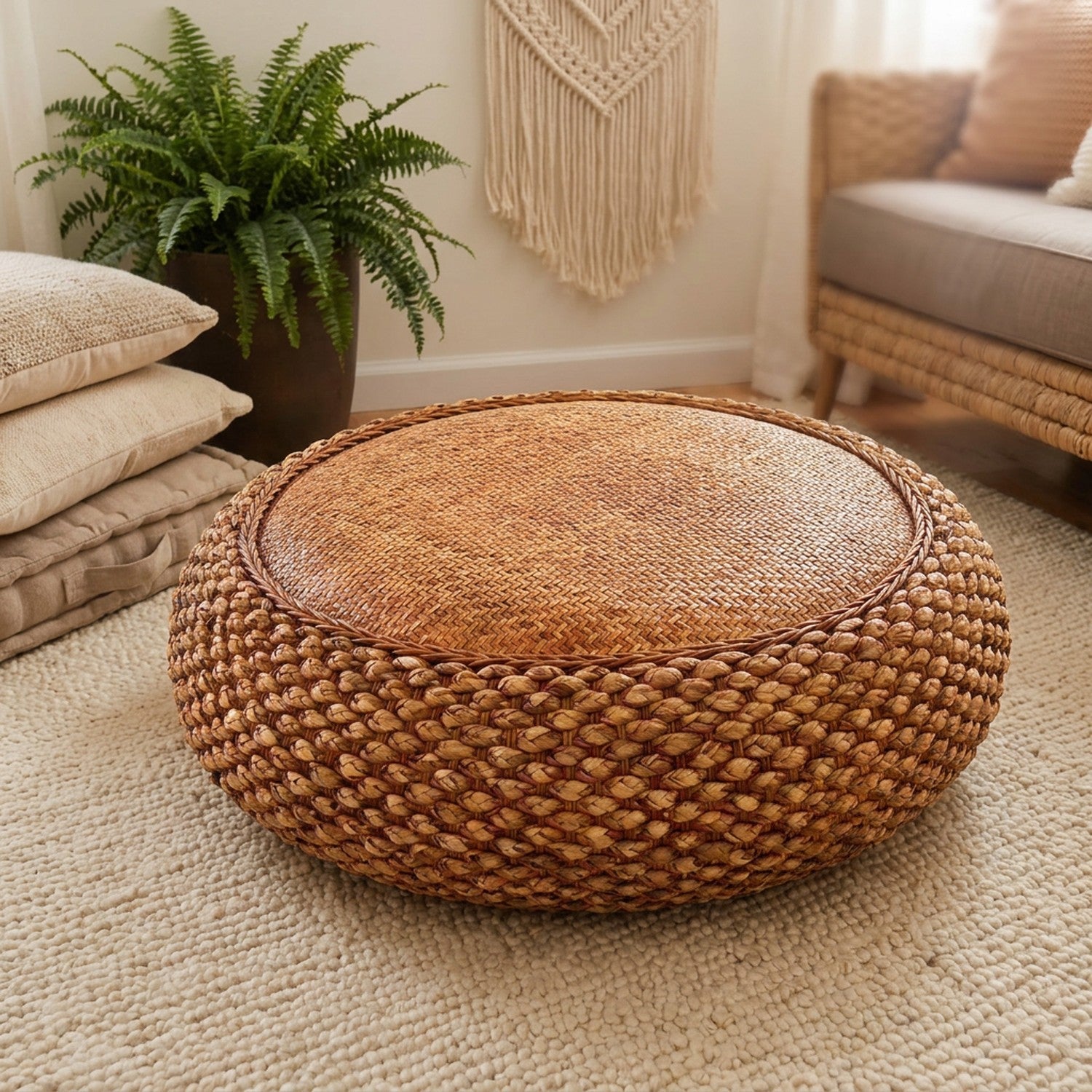 Tabouret pouf tressé dans un coin lecture bohème avec macramé