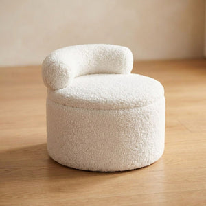 Tabouret pouf rond en bouclette blanche vue de trois quarts
