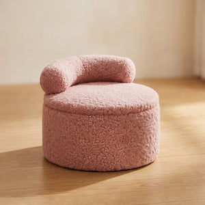Tabouret pouf rond en bouclette rose vue de trois quarts