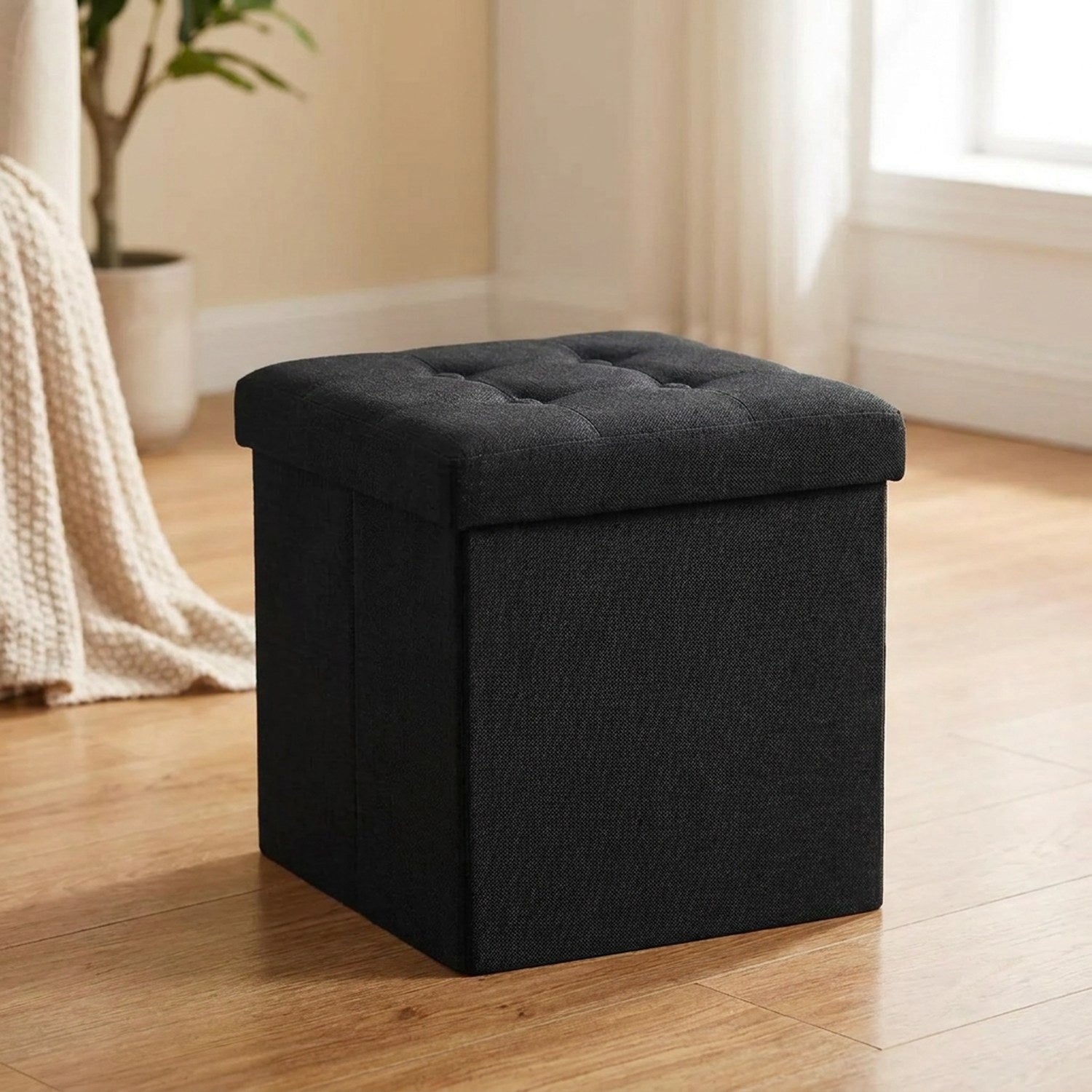 Tabouret pliant coffre de rangement noir avec assise rembourrée