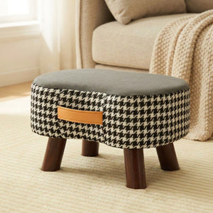 Tabouret bois massif motif pied de poule gris foncé