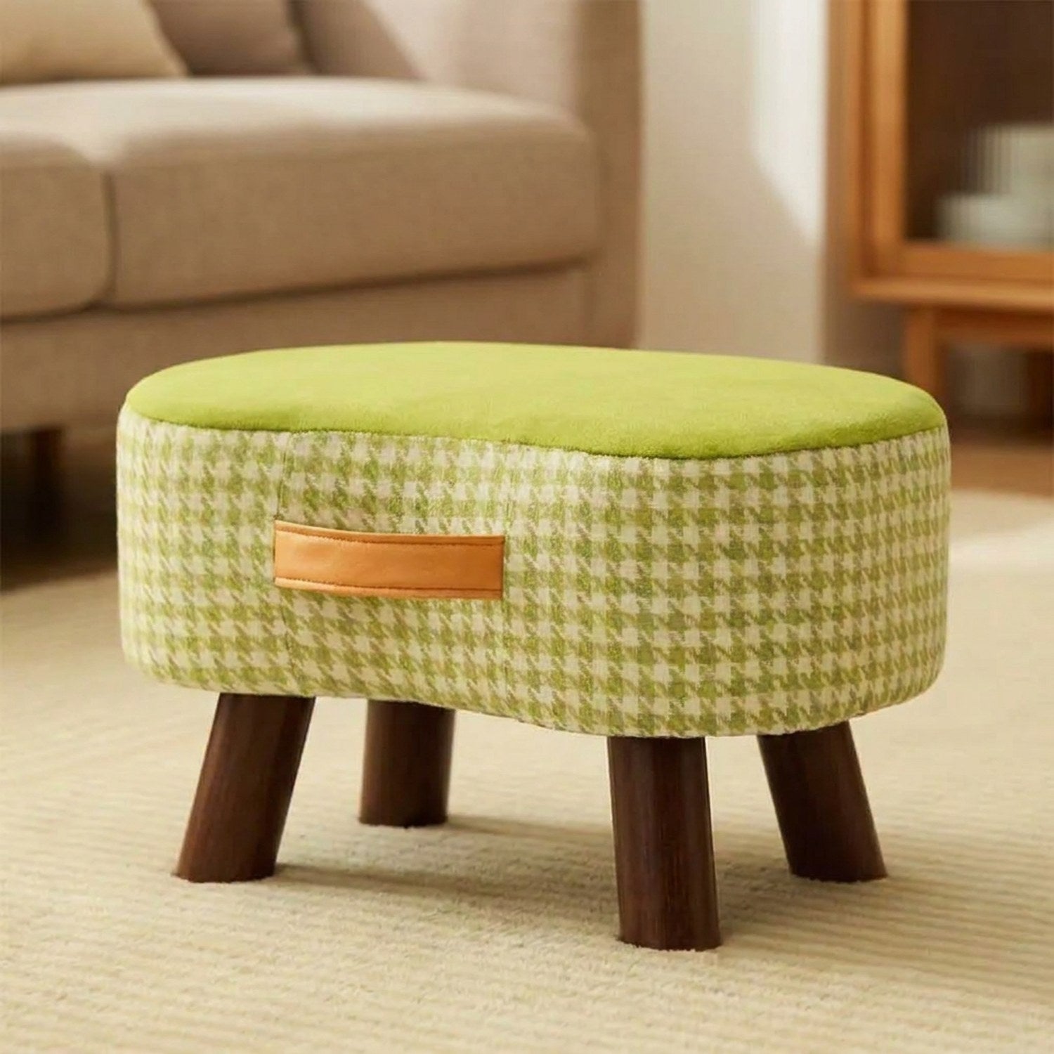 Tabouret bois massif motif pied de poule vert