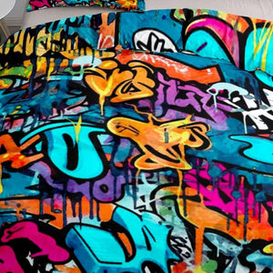 Gros plan sur les motifs graffiti street art colorés de la parure de lit New York