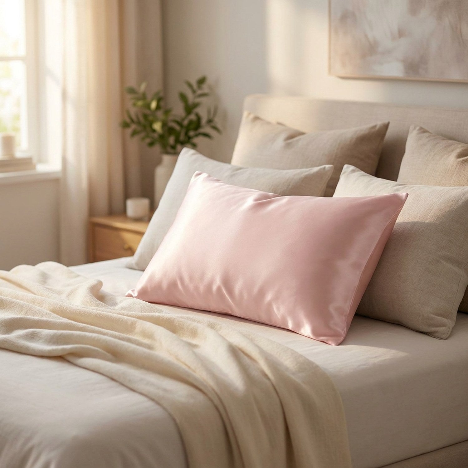 Taie d'oreiller rose en soie posée sur un lit fait dans une chambre lumineuse et chaleureuse