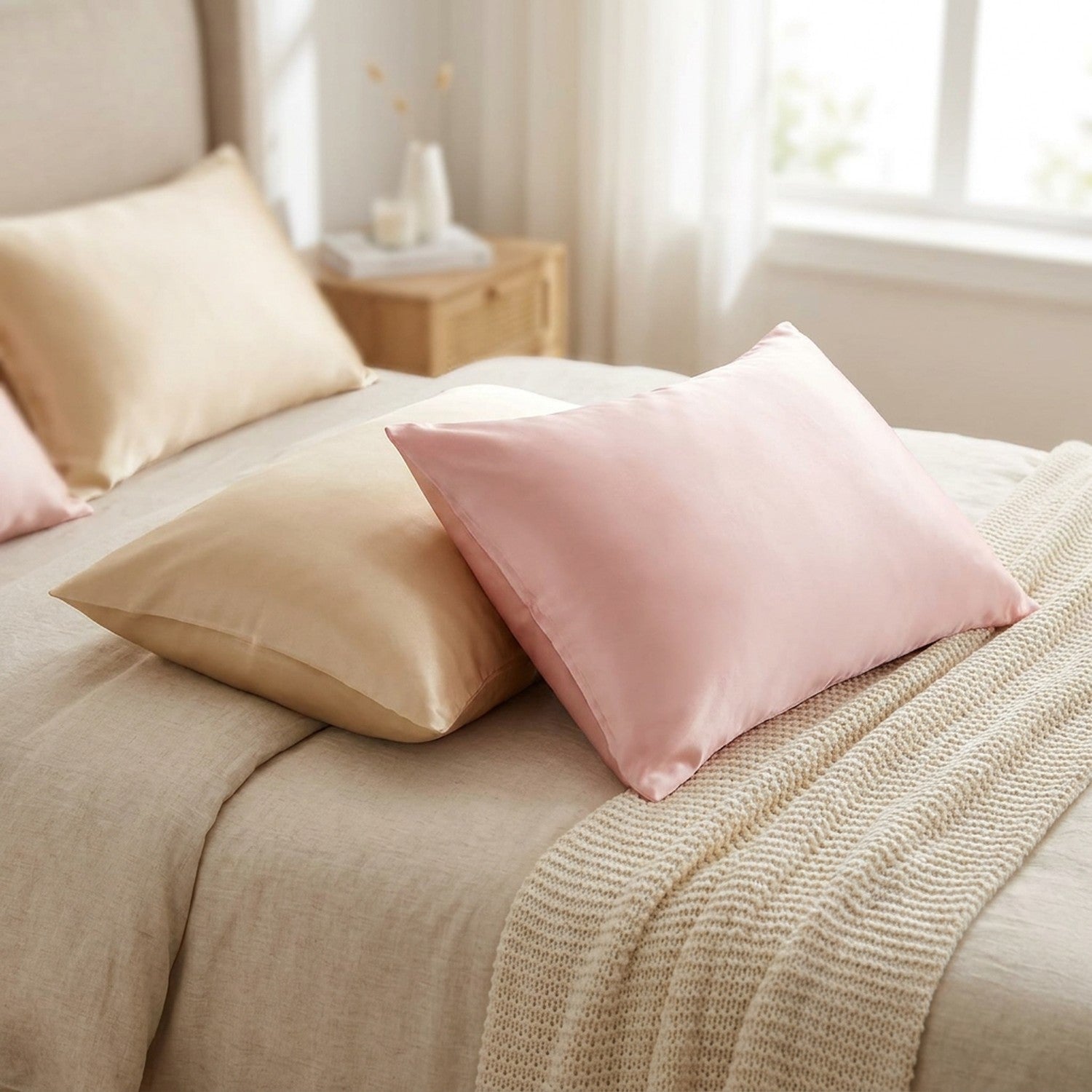 Taies d'oreiller en satin effet soie champagne et rose sur un lit cocooning